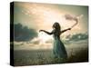 Woman in Turquoise Dress with Fabric at Sea-brickrena-Stretched Canvas