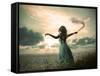 Woman in Turquoise Dress with Fabric at Sea-brickrena-Framed Stretched Canvas