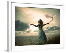 Woman in Turquoise Dress with Fabric at Sea-brickrena-Framed Photographic Print