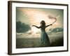 Woman in Turquoise Dress with Fabric at Sea-brickrena-Framed Photographic Print