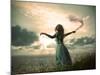 Woman in Turquoise Dress with Fabric at Sea-brickrena-Mounted Photographic Print