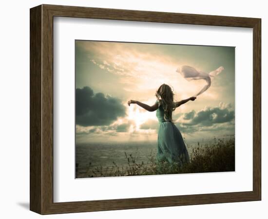 Woman in Turquoise Dress with Fabric at Sea-brickrena-Framed Photographic Print