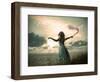 Woman in Turquoise Dress with Fabric at Sea-brickrena-Framed Photographic Print