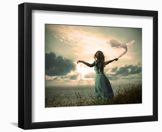 Woman in Turquoise Dress with Fabric at Sea-brickrena-Framed Photographic Print