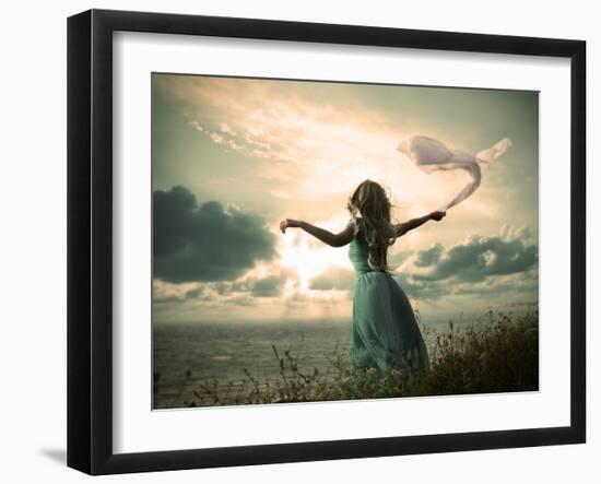 Woman in Turquoise Dress with Fabric at Sea-brickrena-Framed Photographic Print