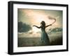 Woman in Turquoise Dress with Fabric at Sea-brickrena-Framed Photographic Print