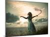 Woman in Turquoise Dress with Fabric at Sea-brickrena-Mounted Photographic Print