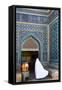 Woman in white chador enters Jameh Mosque, Varzaneh, Iran, Middle East-James Strachan-Framed Stretched Canvas