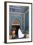 Woman in white chador enters Jameh Mosque, Varzaneh, Iran, Middle East-James Strachan-Framed Photographic Print