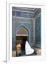 Woman in white chador enters Jameh Mosque, Varzaneh, Iran, Middle East-James Strachan-Framed Photographic Print