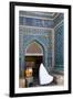 Woman in white chador enters Jameh Mosque, Varzaneh, Iran, Middle East-James Strachan-Framed Photographic Print