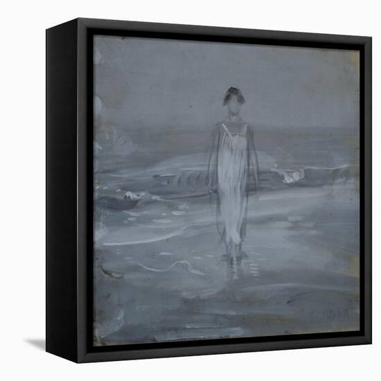 Woman in White Dress Walking at Water's Edge by the Sea-Francesco Paolo Michetti-Framed Stretched Canvas