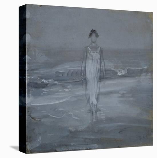 Woman in White Dress Walking at Water's Edge by the Sea-Francesco Paolo Michetti-Stretched Canvas