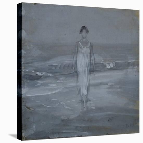 Woman in White Dress Walking at Water's Edge by the Sea-Francesco Paolo Michetti-Stretched Canvas