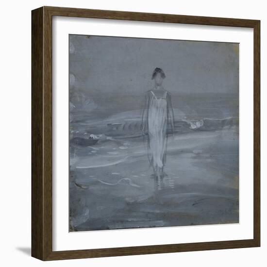 Woman in White Dress Walking at Water's Edge by the Sea-Francesco Paolo Michetti-Framed Art Print