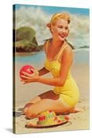 Woman in Yellow Bathing Suit with Ball-null-Stretched Canvas