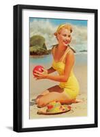 Woman in Yellow Bathing Suit with Ball-null-Framed Art Print