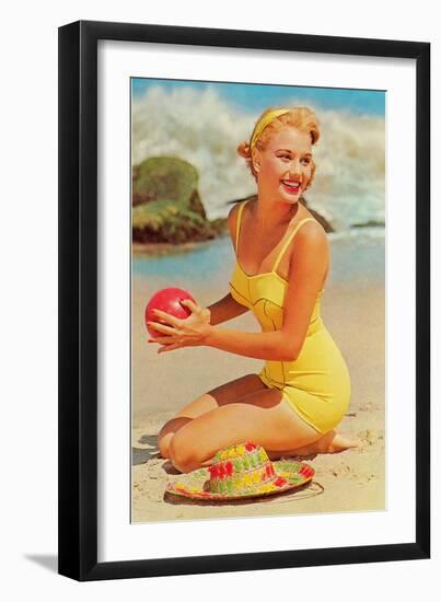 Woman in Yellow Bathing Suit with Ball-null-Framed Art Print