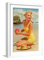 Woman in Yellow Bathing Suit with Ball-null-Framed Art Print