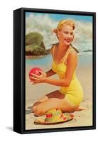 Woman in Yellow Bathing Suit with Ball-null-Framed Stretched Canvas