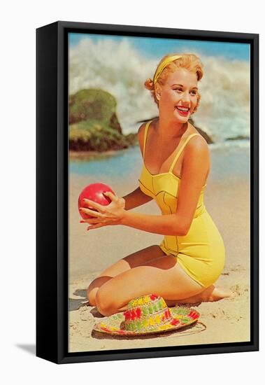 Woman in Yellow Bathing Suit with Ball-null-Framed Stretched Canvas