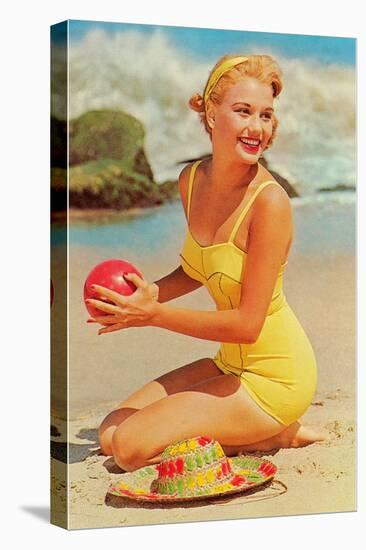 Woman in Yellow Bathing Suit with Ball-null-Stretched Canvas