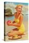 Woman in Yellow Bathing Suit with Ball-null-Stretched Canvas