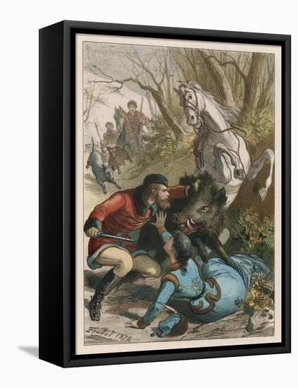 Woman is Rescued from a Wild Boar During a Hunting Expedition-D. Eusebio Planas-Framed Stretched Canvas