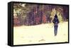 Woman is Standing on Meadow in the Forest Durring Wintertime.-B-D-S-Framed Stretched Canvas