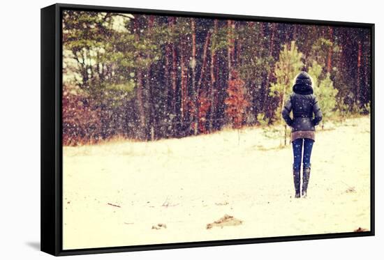 Woman is Standing on Meadow in the Forest Durring Wintertime.-B-D-S-Framed Stretched Canvas