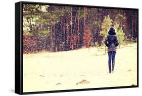 Woman is Standing on Meadow in the Forest Durring Wintertime.-B-D-S-Framed Stretched Canvas