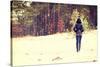Woman is Standing on Meadow in the Forest Durring Wintertime.-B-D-S-Stretched Canvas
