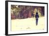 Woman is Standing on Meadow in the Forest Durring Wintertime.-B-D-S-Framed Photographic Print