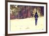 Woman is Standing on Meadow in the Forest Durring Wintertime.-B-D-S-Framed Photographic Print