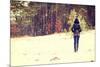 Woman is Standing on Meadow in the Forest Durring Wintertime.-B-D-S-Mounted Photographic Print