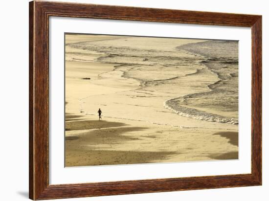 Woman Jogging at Sunrise on Gwithian Beach, Cornwall, England, United Kingdom-Mark Chivers-Framed Photographic Print