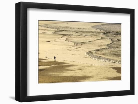 Woman Jogging at Sunrise on Gwithian Beach, Cornwall, England, United Kingdom-Mark Chivers-Framed Photographic Print