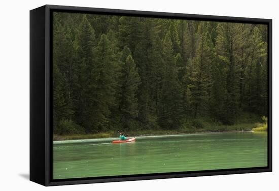 Woman Kayaking On Crystal Clear Waters Of Cliff Lake In Southwest Montana, Near West Yellowstone-Austin Cronnelly-Framed Stretched Canvas