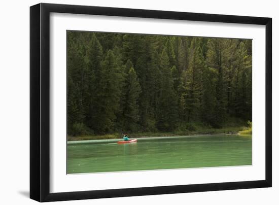 Woman Kayaking On Crystal Clear Waters Of Cliff Lake In Southwest Montana, Near West Yellowstone-Austin Cronnelly-Framed Photographic Print