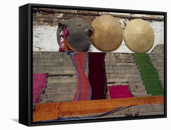 Woman Laying Saris Out to Dry, Varanasi, Uttar Pradesh, India-David Beatty-Framed Stretched Canvas