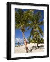 Woman Leaning Against Palm Tree, Princess Cays, Eleuthera Island, West Indies, Caribbean-Richard Cummins-Framed Photographic Print