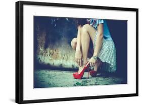 Woman Legs In Red High Heel Shoes And Short Skirt Outdoor Shot Against Old Metal Door-coka-Framed Art Print