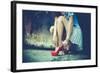 Woman Legs In Red High Heel Shoes And Short Skirt Outdoor Shot Against Old Metal Door-coka-Framed Art Print