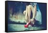 Woman Legs In Red High Heel Shoes And Short Skirt Outdoor Shot Against Old Metal Door-coka-Framed Stretched Canvas