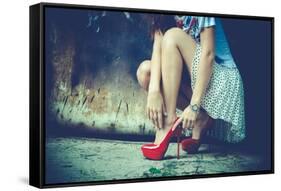 Woman Legs In Red High Heel Shoes And Short Skirt Outdoor Shot Against Old Metal Door-coka-Framed Stretched Canvas