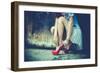 Woman Legs In Red High Heel Shoes And Short Skirt Outdoor Shot Against Old Metal Door-coka-Framed Premium Giclee Print