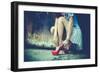 Woman Legs In Red High Heel Shoes And Short Skirt Outdoor Shot Against Old Metal Door-coka-Framed Premium Giclee Print