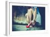 Woman Legs In Red High Heel Shoes And Short Skirt Outdoor Shot Against Old Metal Door-coka-Framed Premium Giclee Print