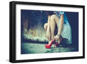 Woman Legs In Red High Heel Shoes And Short Skirt Outdoor Shot Against Old Metal Door-coka-Framed Art Print