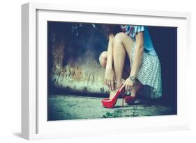 Woman Legs In Red High Heel Shoes And Short Skirt Outdoor Shot Against Old Metal Door-coka-Framed Art Print